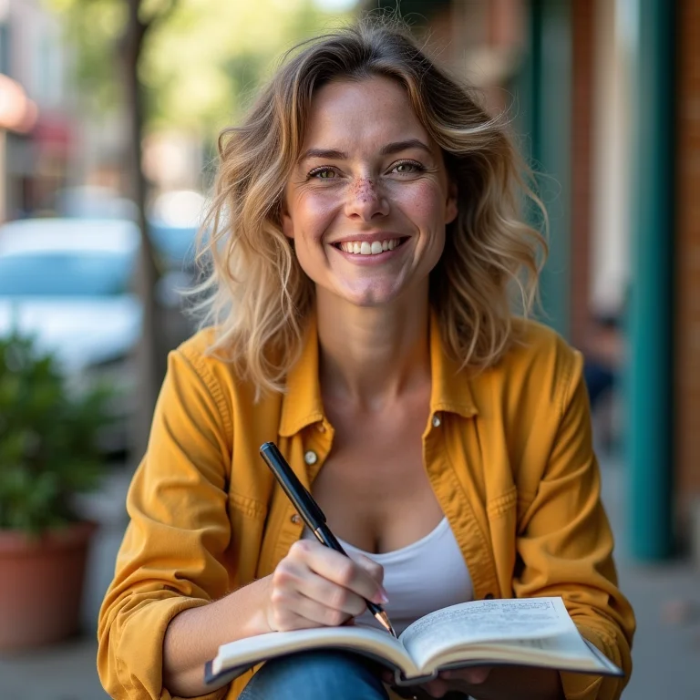 Mulher branca desenhando em um ambiente urbano.