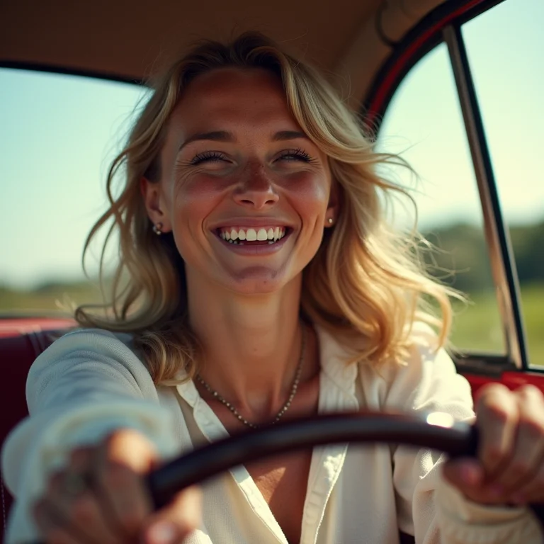 Mulher branca dirigindo carro vintage na zona rural da Itália