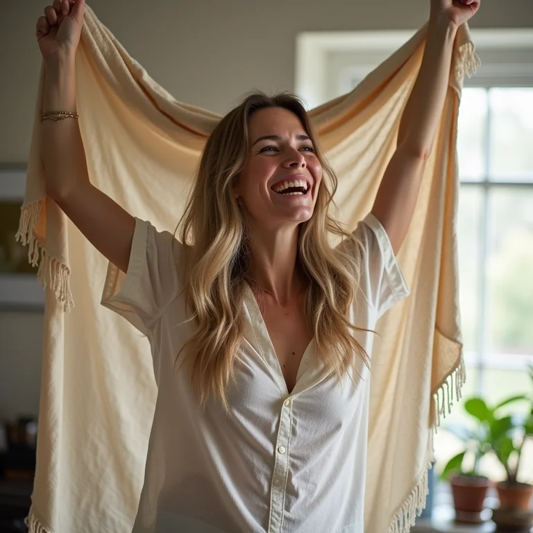 Mulher branca dividindo o quarto com uma tapeçaria.