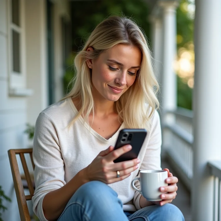 Mulher branca divulgando o bazar nas redes sociais.