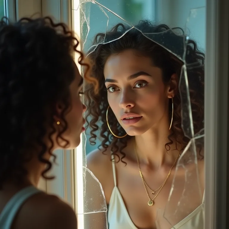 Mulher branca encarando um espelho quebrado, simbolizando pensamentos distorcidos.
