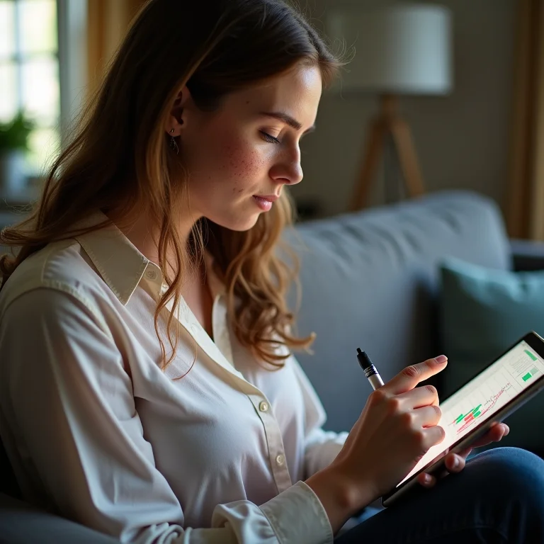 Mulher branca escolhendo ações em tablet