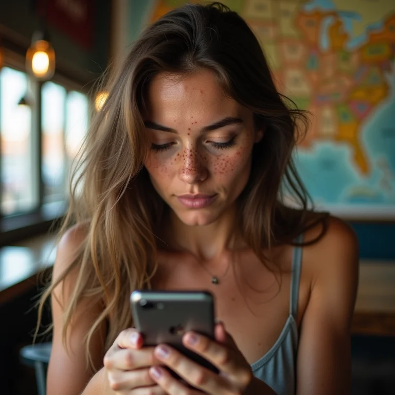 Mulher branca escolhendo um bar no celular