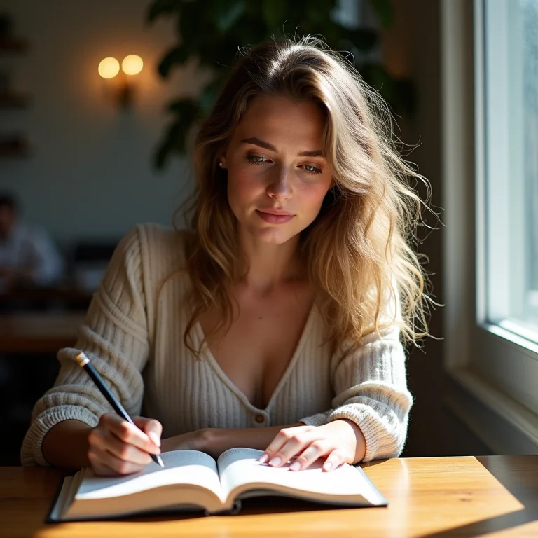 Mulher branca escrevendo em um diário em um café ensolarado.