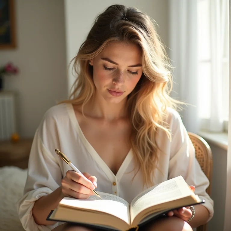 Mulher branca escrevendo em um diário em um quarto minimalista, representando a mentalidade financeira