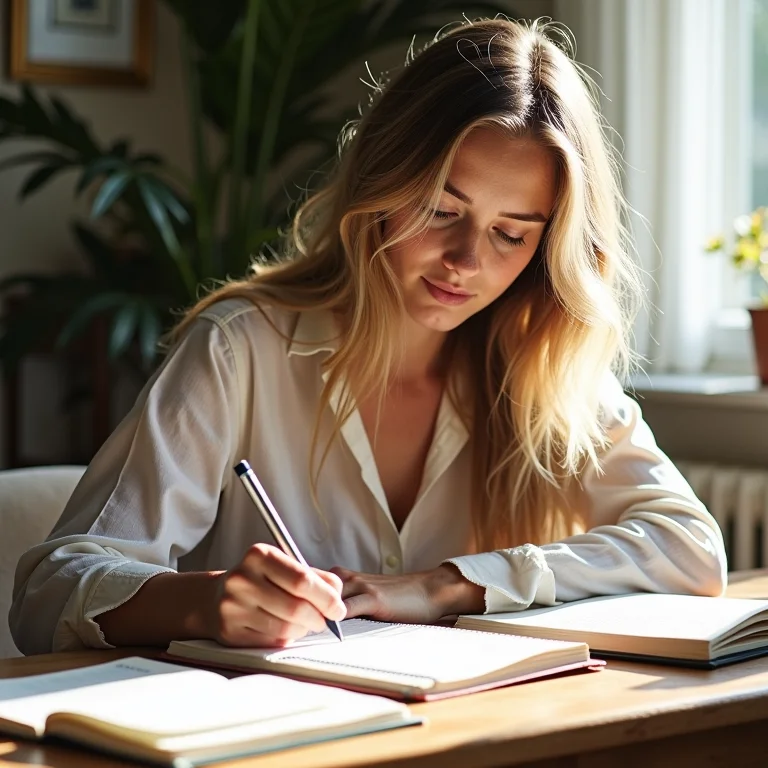 Mulher branca escrevendo em um planner, planejando seus objetivos