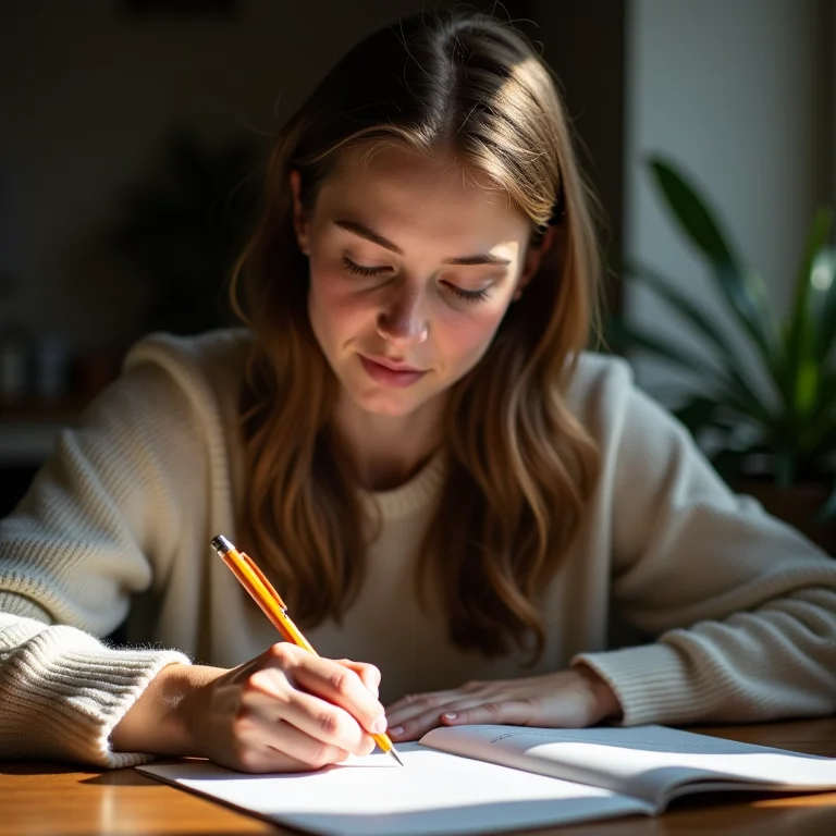 Mulher branca escrevendo uma carta de apresentação personalizada.