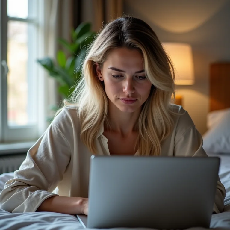 Mulher branca estressada reservando hotel online.