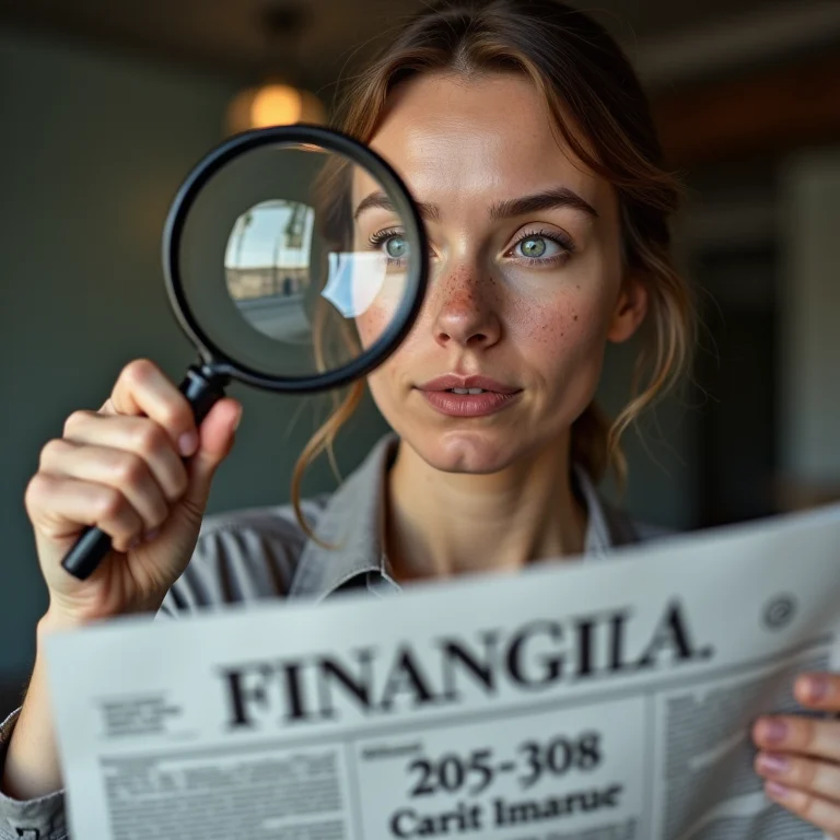 Mulher branca examinando notícia sobre inflação.