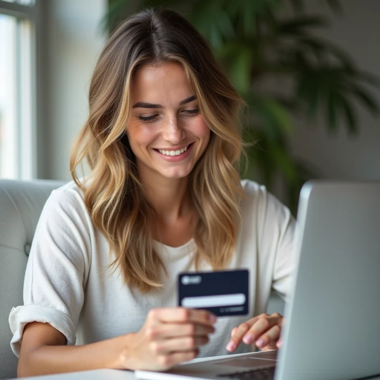 Mulher branca fazendo compra online com cartão de crédito