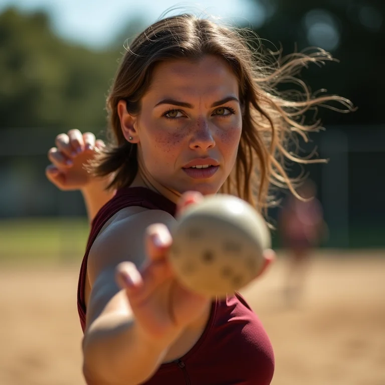 Mulher branca fintando arremesso de queimada.