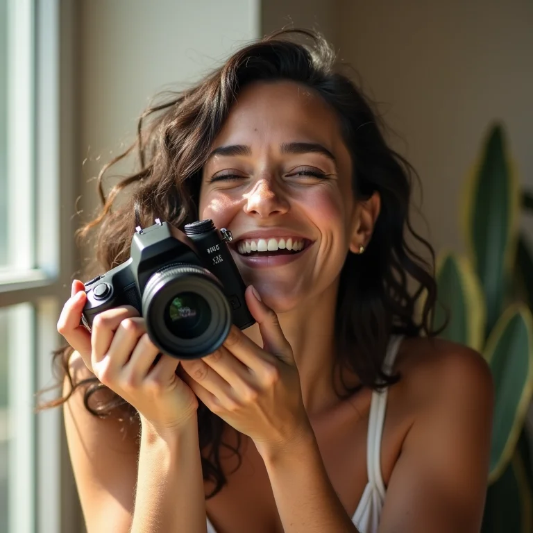 Mulher branca fotografando em estúdio ensolarado