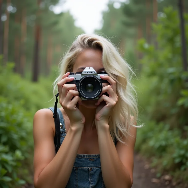 Mulher branca fotografando paisagem na Vista Chinesa.