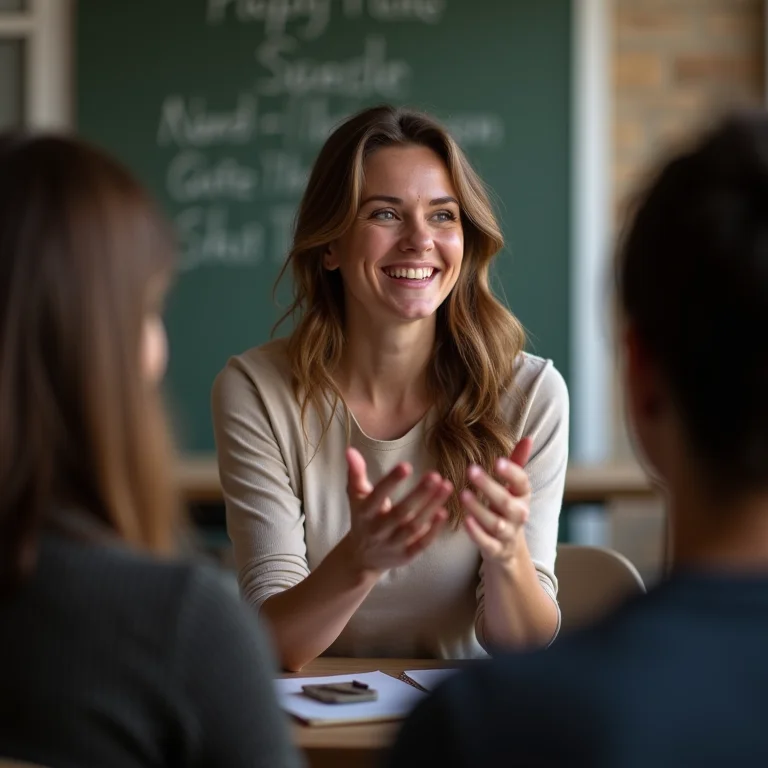 Mulher branca gesticulando em um workshop de oratória