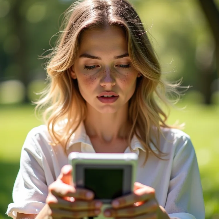 Mulher branca jogando Game Boy no parque.