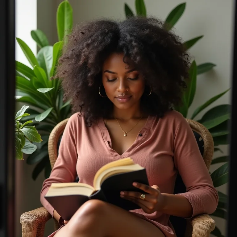 Mulher branca lendo em cadeira compacta na varanda.