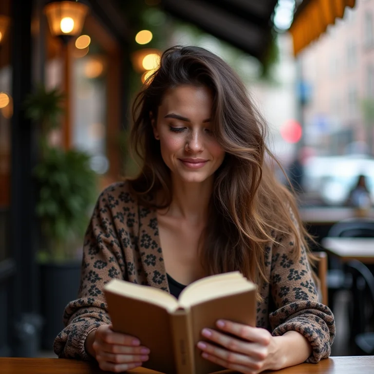 Mulher branca lendo em café no Greenwich Village