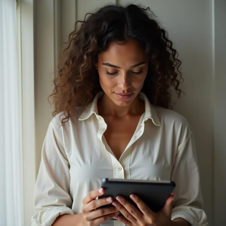 Mulher branca lendo notícia em tablet