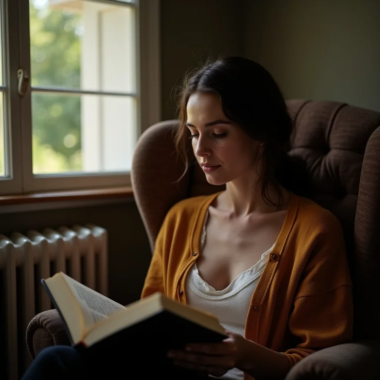 Mulher branca lendo poesia em poltrona aconchegante, representando a acessibilidade dos poemas de Pessoa