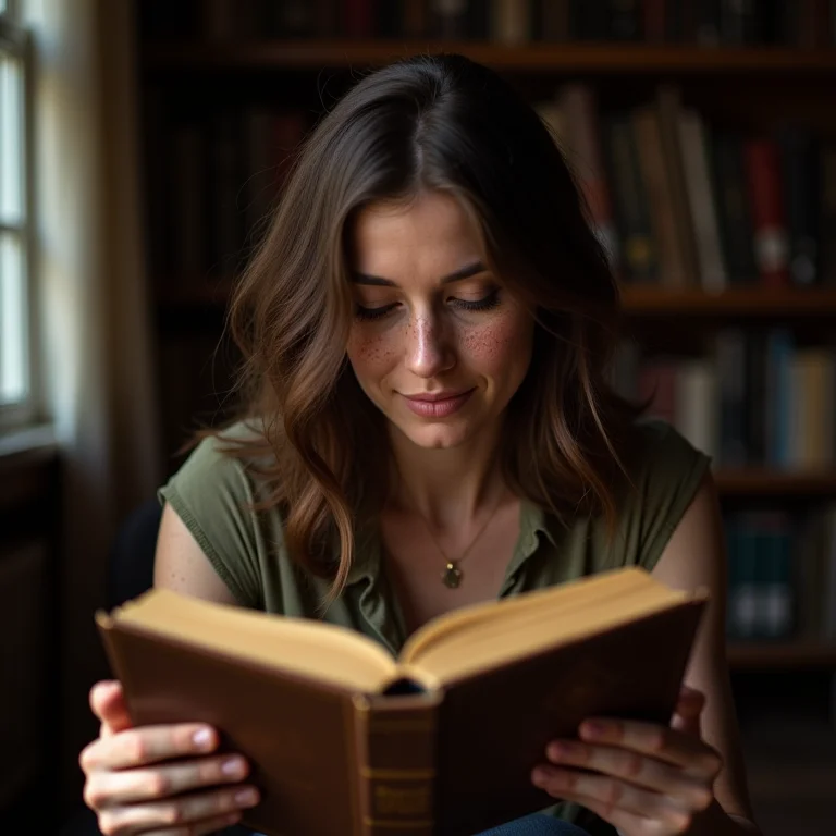 Mulher branca lendo sobre Pierre de Coubertin em uma biblioteca