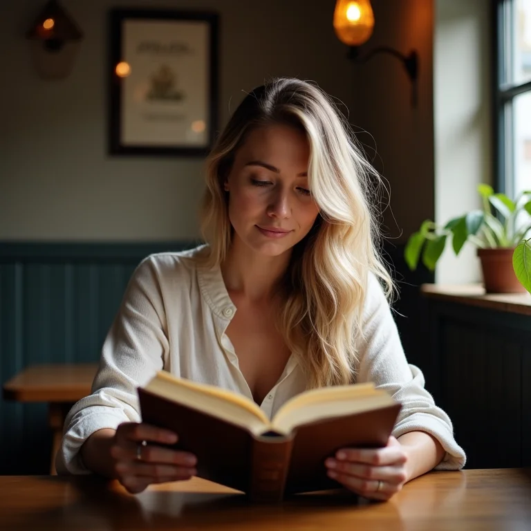 Mulher branca lendo um Lev em um café aconchegante.