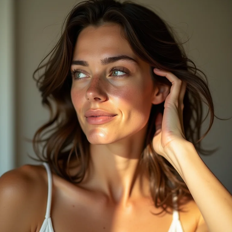 Mulher branca massageando azeite de oliva nas pontas do cabelo