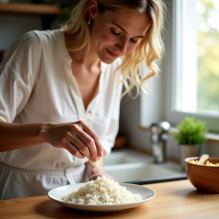 Mulher branca medindo porção de arroz