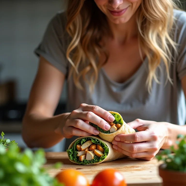 Mulher branca montando wrap de frango