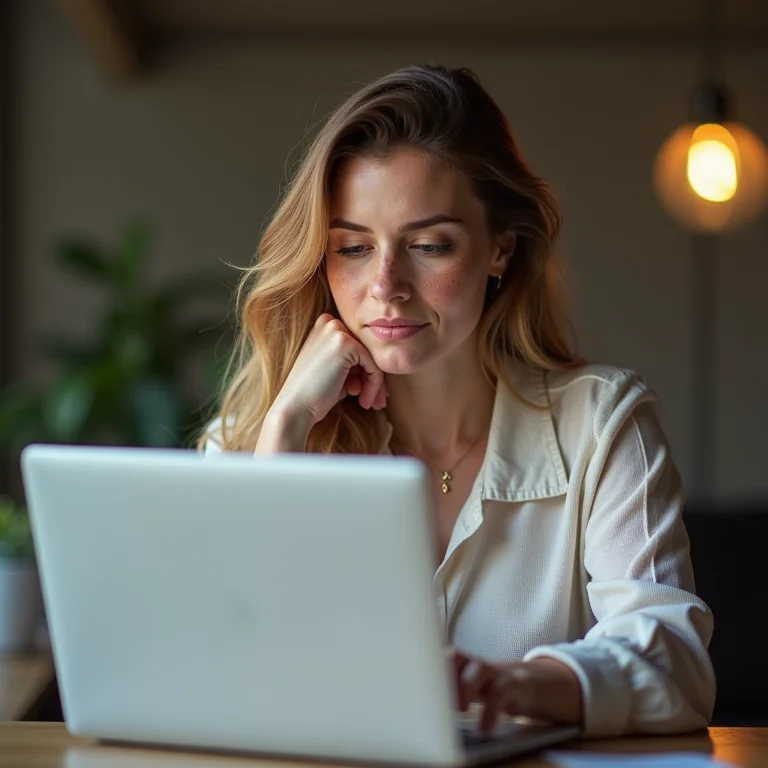 Mulher branca navegando em portais de licitações