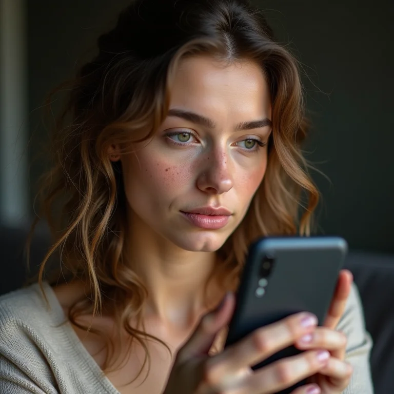 Mulher branca navegando nas configurações do Android para encontrar o IMEI.