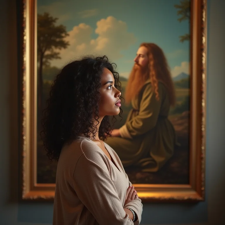 Mulher branca observa atentamente uma pintura de Emil Nolde.