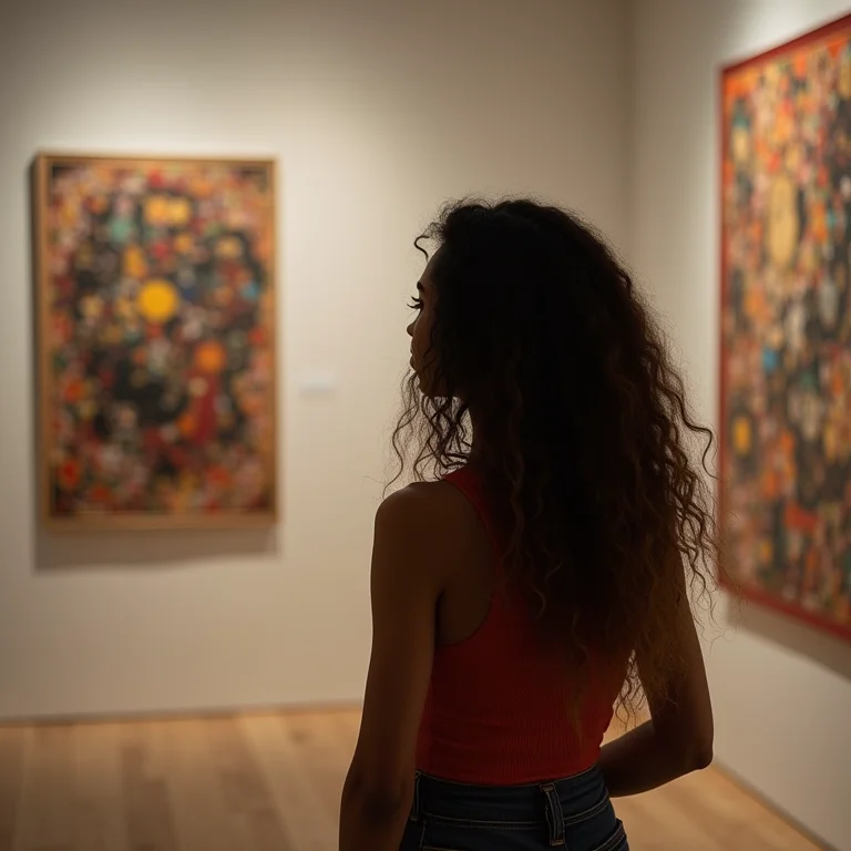 Mulher branca observando arte moderna no MAC USP.