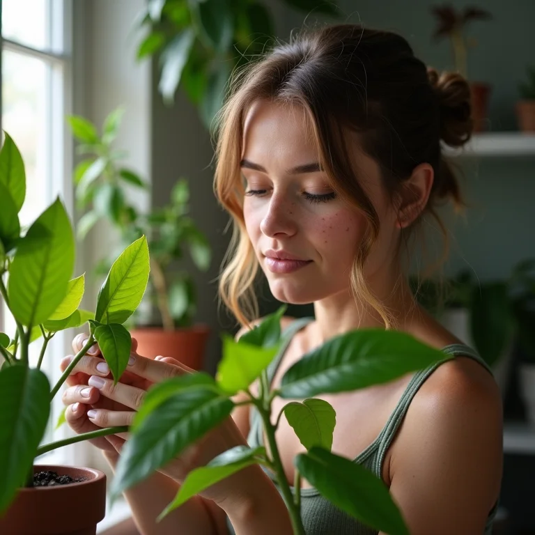 Mulher branca observando plantas ideais para interiores.