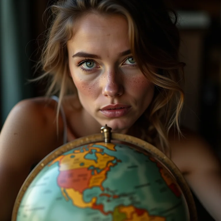 Mulher branca observando um globo terrestre antigo com curiosidade.