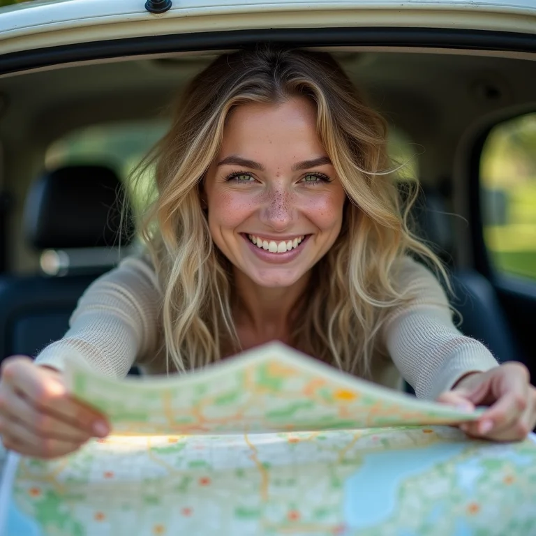 Mulher branca olhando mapa no capô do carro