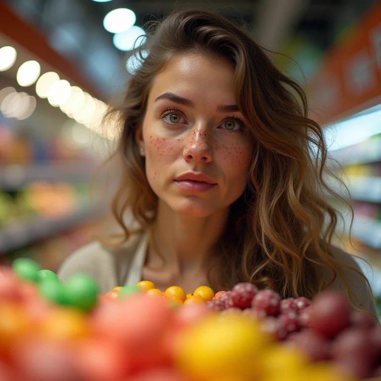 Mulher branca olhando para doces no supermercado
