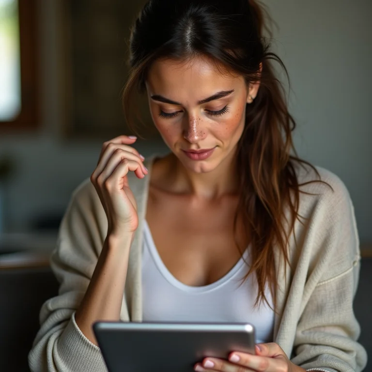 Mulher branca olhando um tablet com o Pinterest aberto.