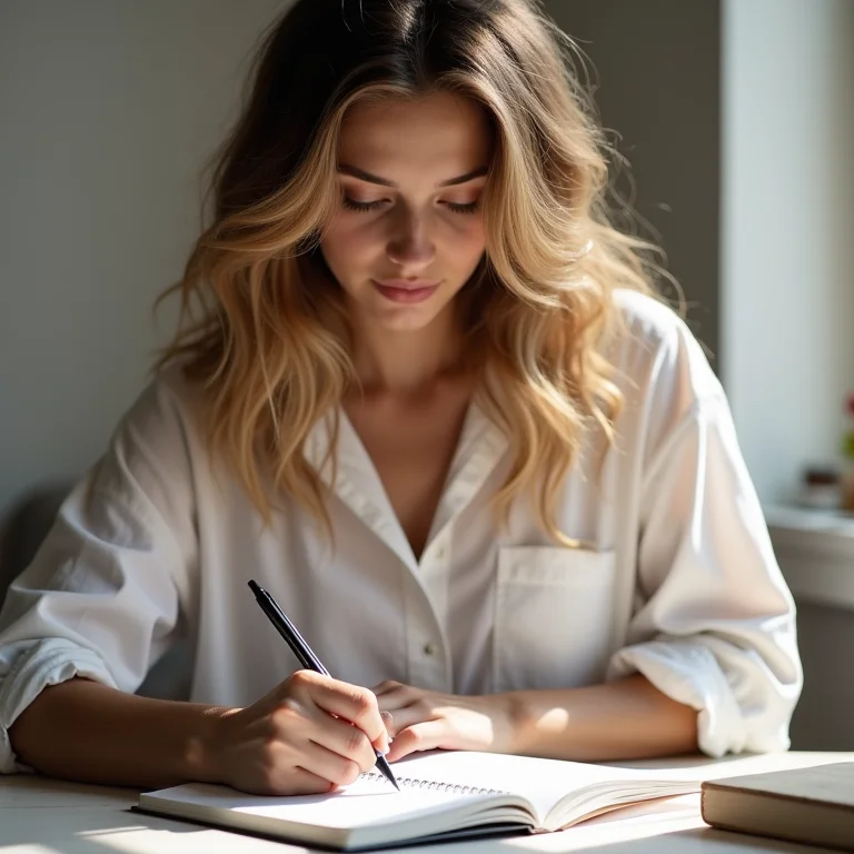 Mulher branca organizando sua rotina de estudos em um calendário.