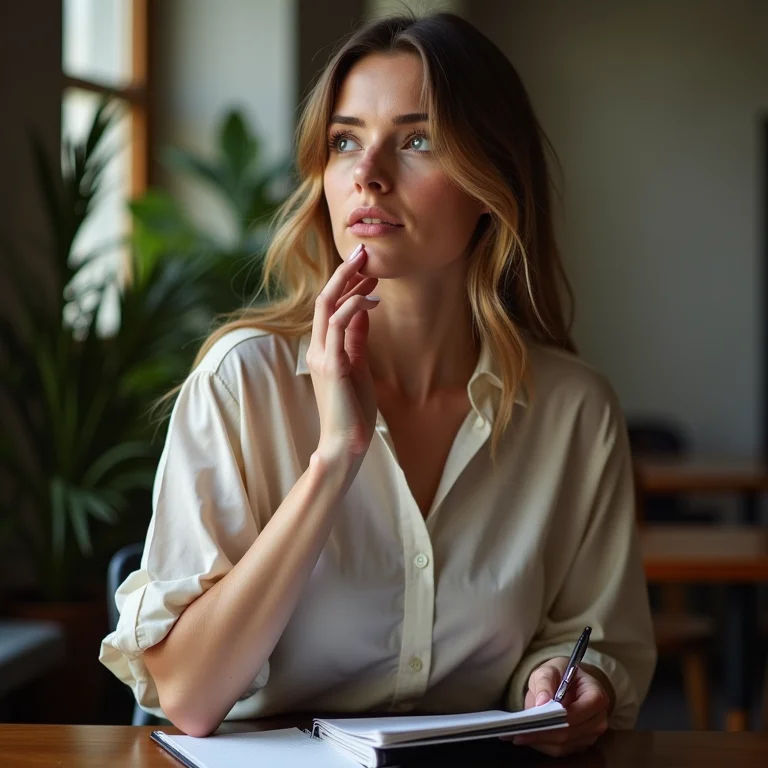 Mulher branca pensando em perguntas para fazer em um evento de networking