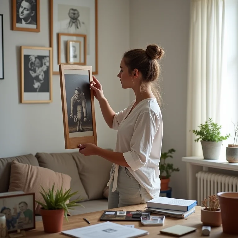 Mulher branca pensando no estilo do quadro para o quarto