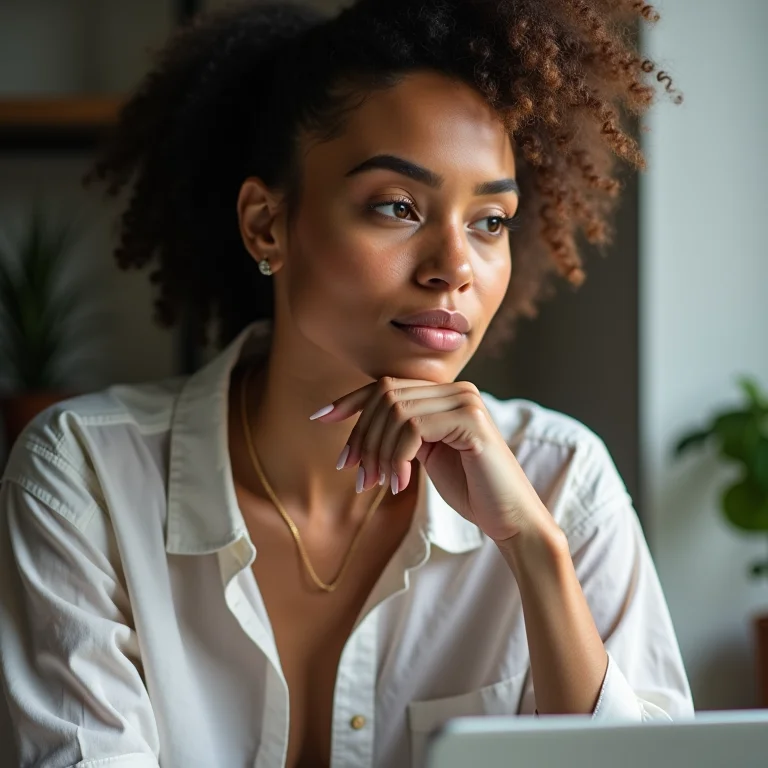 Mulher branca pensando sobre as implicações fiscais do Simples Nacional.
