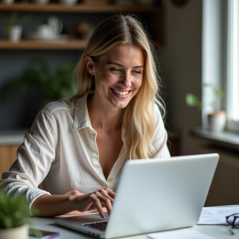 Mulher branca pesquisando a cultura de uma empresa online.