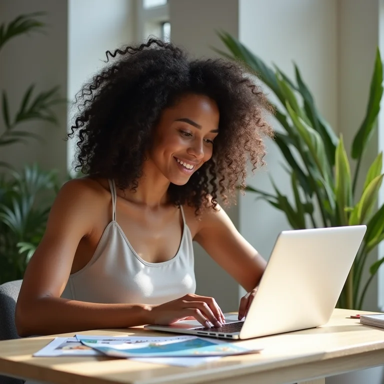 Mulher branca planejando viagem de ônibus em um laptop