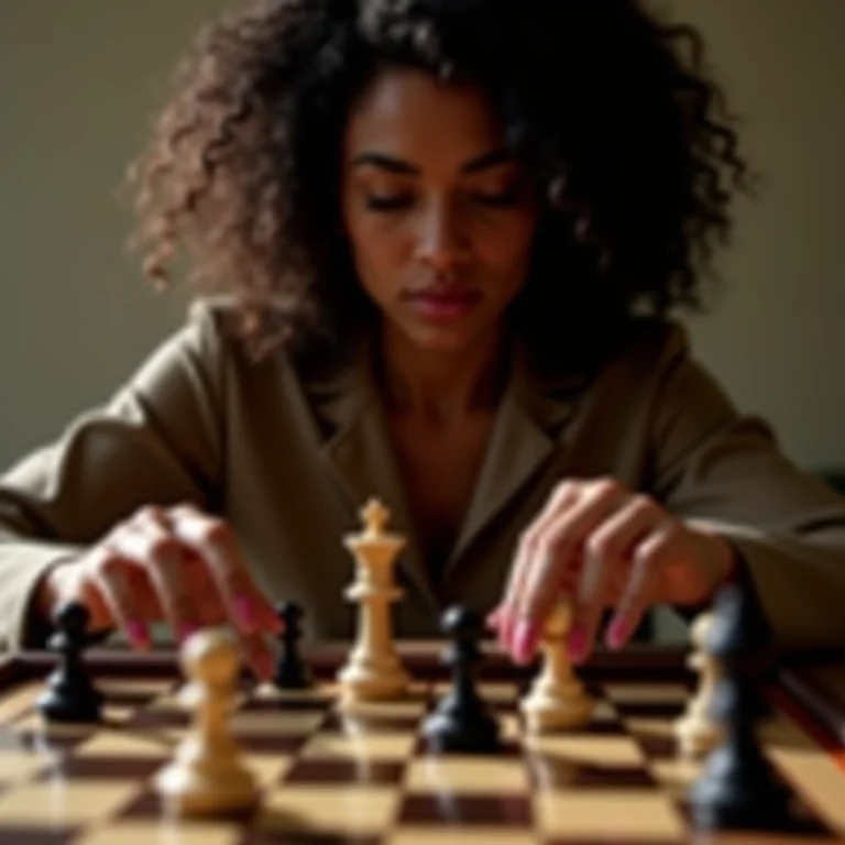 Mulher branca posicionando as peças de damas no tabuleiro