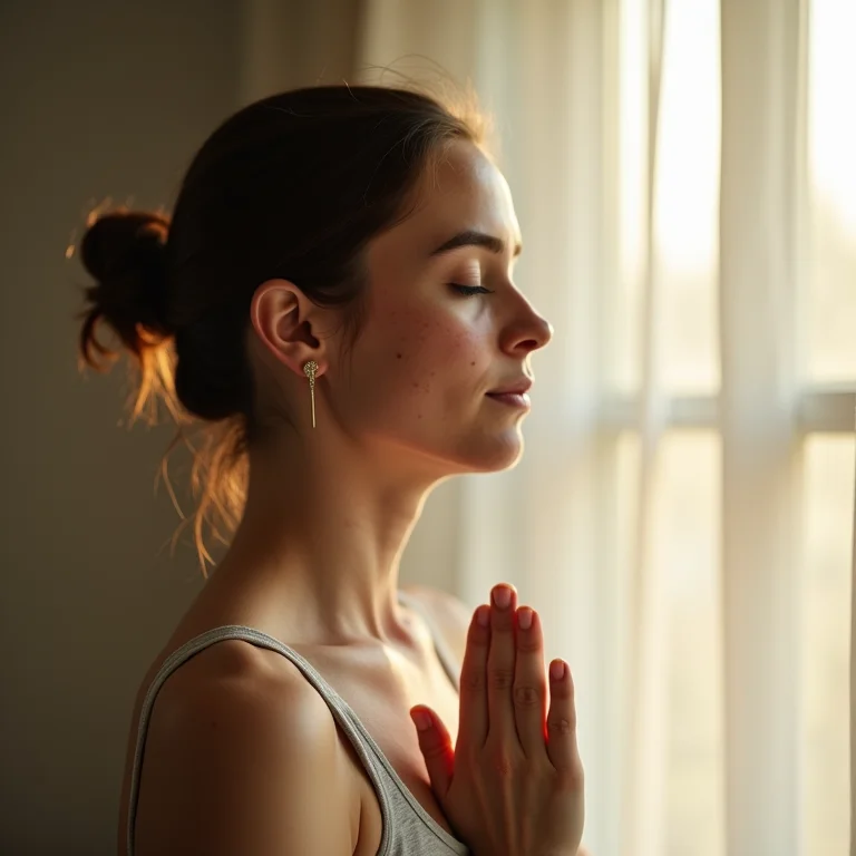 Mulher branca praticando respiração consciente para representar benefícios da mindfulness