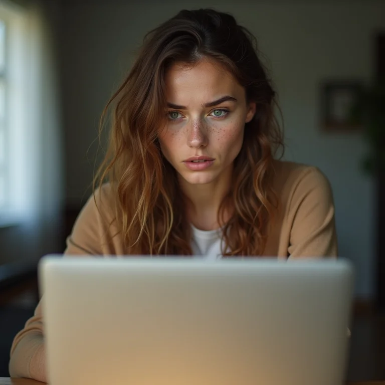 Mulher branca preocupada olhando para o laptop.