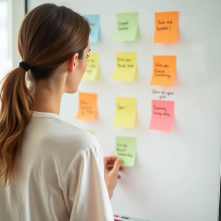 Mulher branca priorizando tarefas com post-its