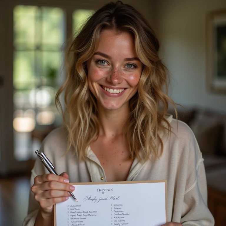 Mulher branca revisando lista de convidados para festa infantil