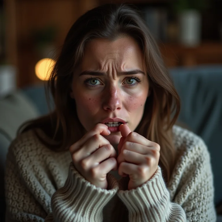 Mulher branca roendo as unhas, nervosa assistindo a jogo de futebol.