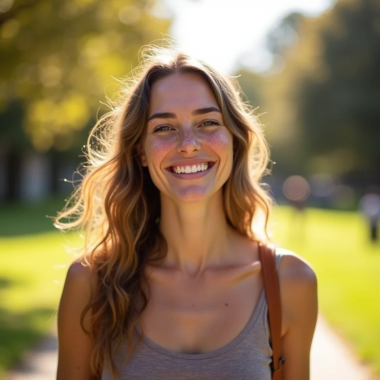 Mulher branca sardenta sorrindo durante caminhada matinal